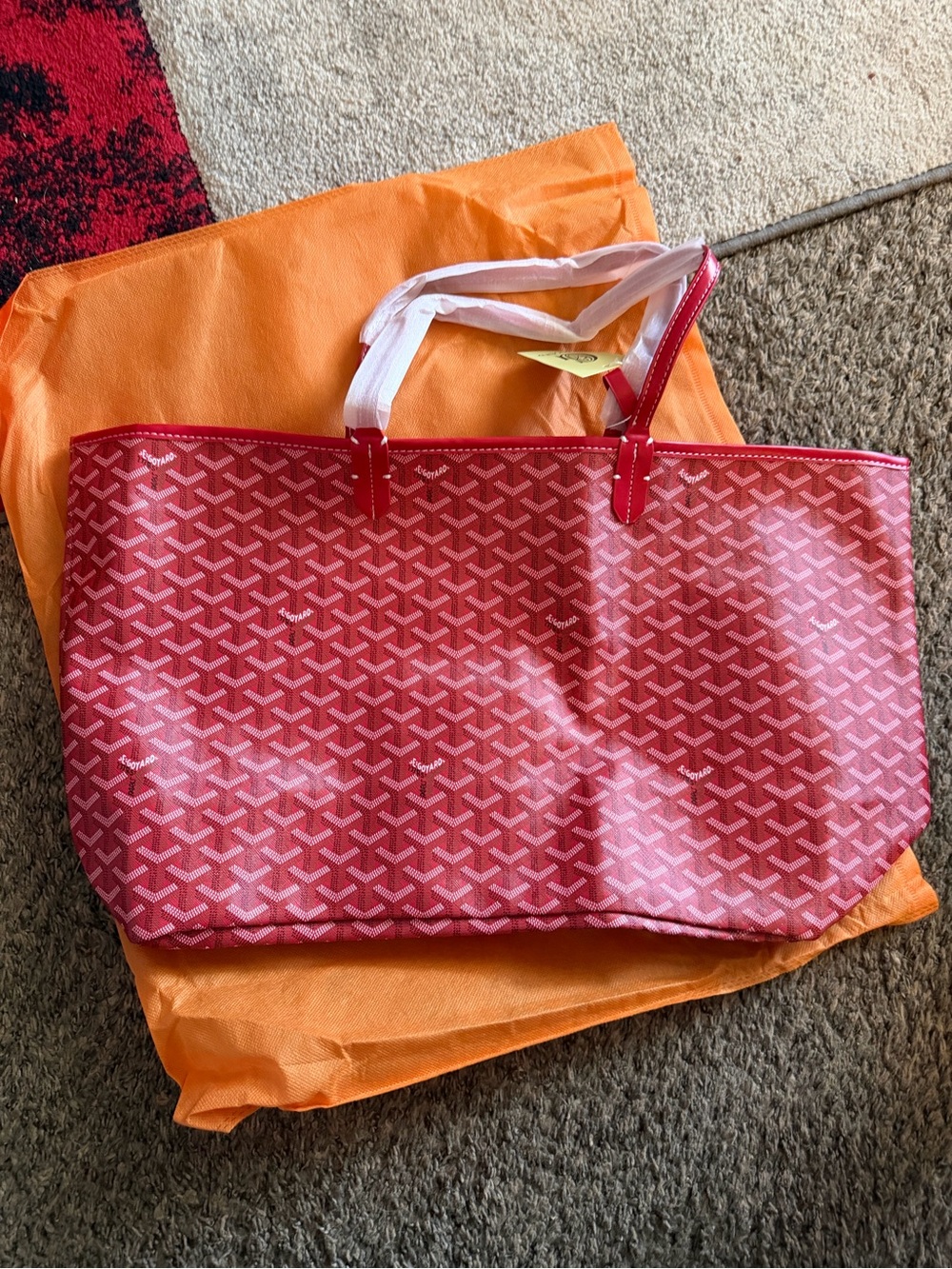 Red Patterned Shoulder Tote Bag with Leather Trim
